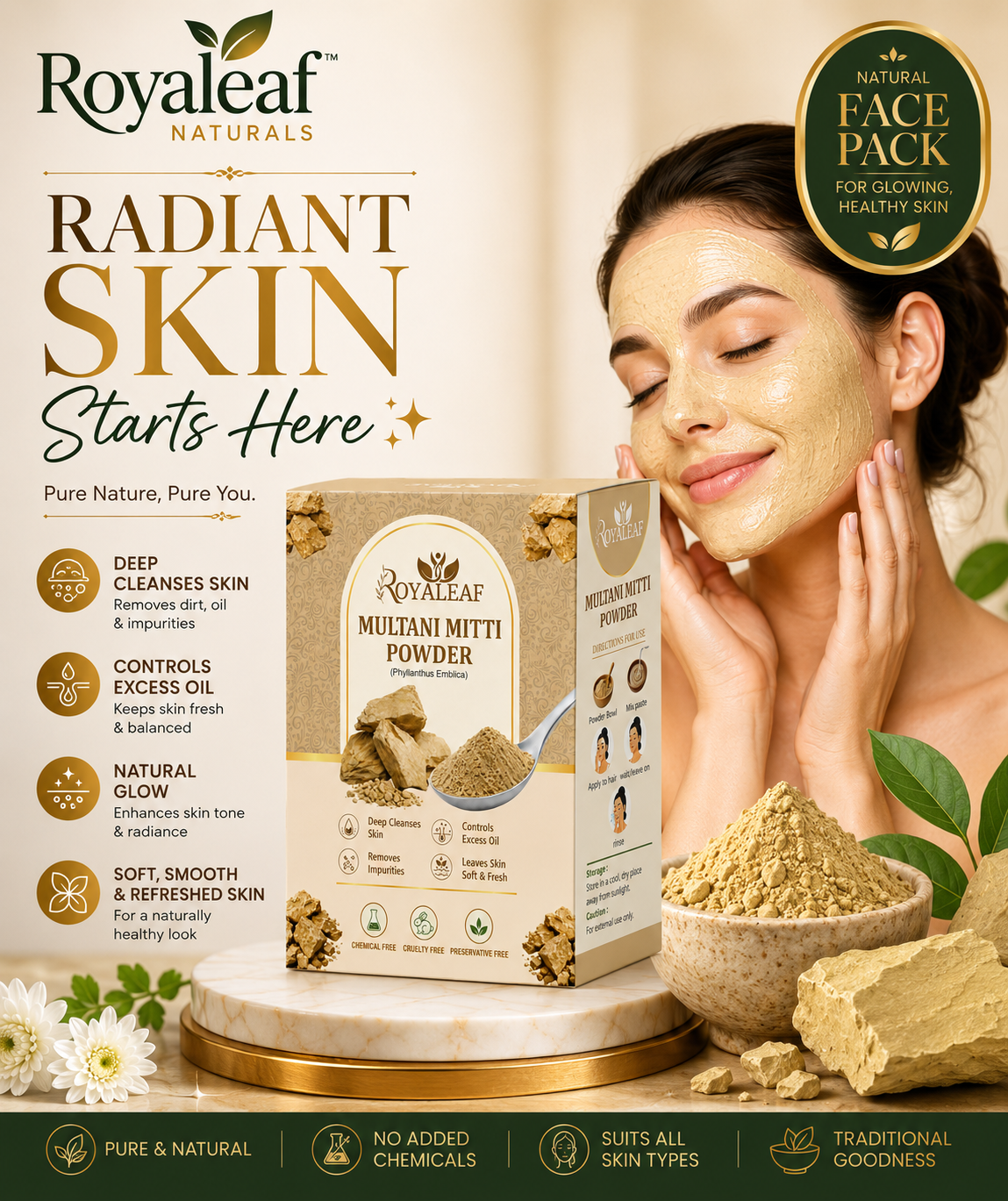 Royaleaf Multani Mitti Powder Natural Fuller’s Earth for Face & Hair Packs Removes Dead Skin, Cleanses Pores, Reduces Dandruff & Scalp Itchiness Soft & Glowing Skin