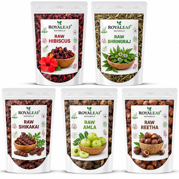 Dry Amla Reetha Shikakai Bhringraj Hibiscus Raw For Hair Growth And Hair Mask Combo Pack 100g each = 500
Royaleaf COMBO PACK OF 5: Includes Amla, Reetha, Shikakai, Bhringraj, and Hibiscus Raw, each in a 100g pack totalling 500g.
Package Contents: 500g (100g x Pack of 5) Natural Raw Reetha, Amla, Shikakai, bhringraj, Hibiscus Flower Combo that strengthens hair follicles and reduces biomarkers of oxidative stress