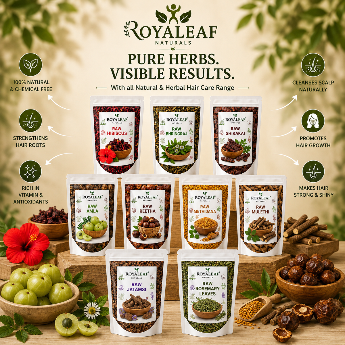 Dried Amla Reetha Shikakai Bhringraj Hibiscus Raw Henna Jatamansi Methi Dana & Rosemary Leaves 50g Each=450g | Natural Herbs for Hair Growth, Scalp Health & Wellness | DIY Hair Care And Shampoo