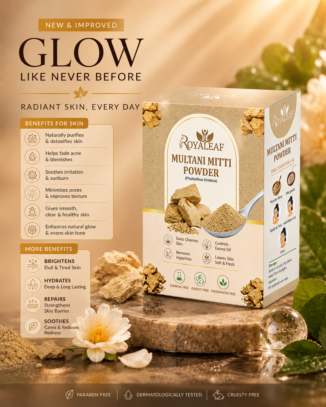 Royaleaf Multani Mitti Powder Natural Fuller’s Earth for Face & Hair Packs Removes Dead Skin, Cleanses Pores, Reduces Dandruff & Scalp Itchiness Soft & Glowing Skin
