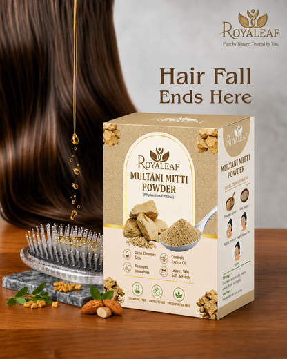 Royaleaf Multani Mitti Powder Natural Fuller’s Earth for Face & Hair Packs Removes Dead Skin, Cleanses Pores, Reduces Dandruff & Scalp Itchiness Soft & Glowing Skin