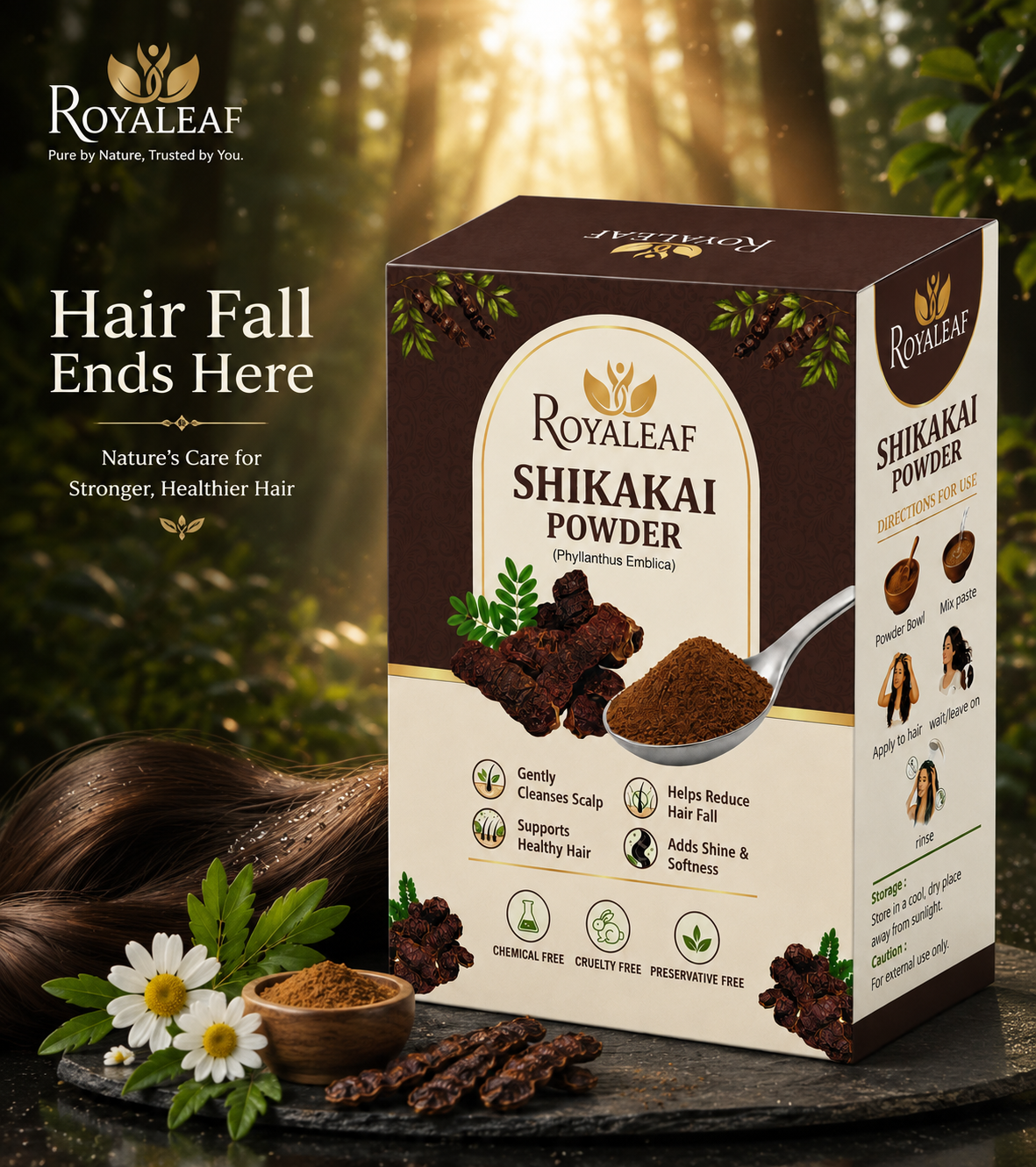 Royaleaf Shikakai Powder for Hair Growth Soft & Shiny Hair Shikakai for Hair Care Strengthening Nourish Conditioner & Healthy Hair (100G)
