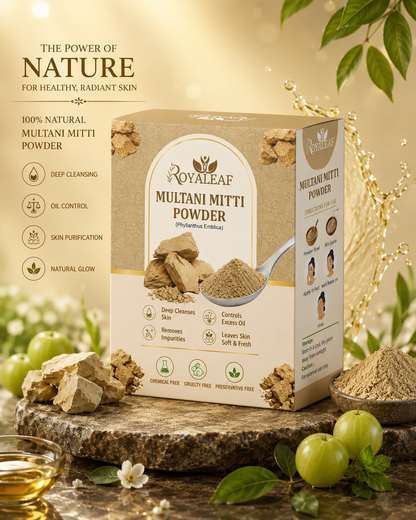 Royaleaf Multani Mitti Powder Natural Fuller’s Earth for Face & Hair Packs Removes Dead Skin, Cleanses Pores, Reduces Dandruff & Scalp Itchiness Soft & Glowing Skin