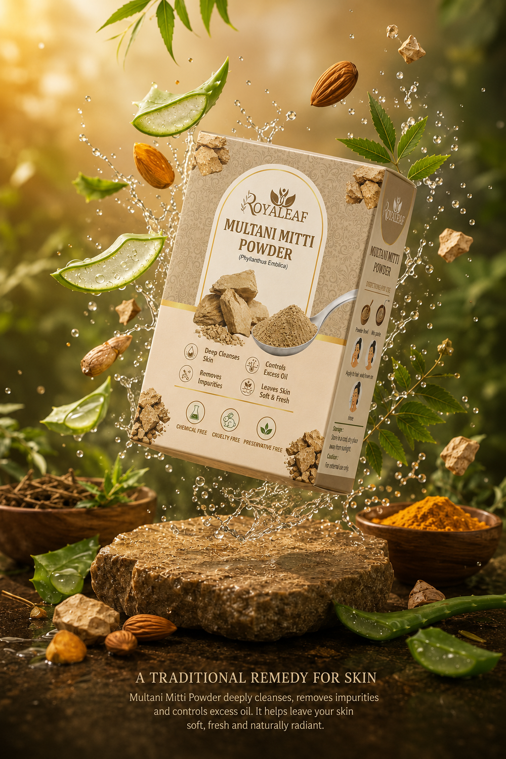 Royaleaf Multani Mitti Powder Natural Fuller’s Earth for Face & Hair Packs Removes Dead Skin, Cleanses Pores, Reduces Dandruff & Scalp Itchiness Soft & Glowing Skin