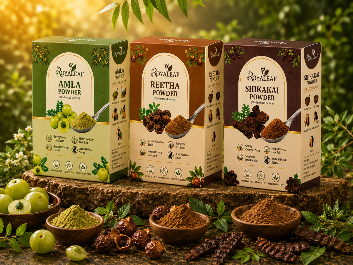 Royaleaf Amla Reetha Shikakai Powder 300g Hair Care Combo Pack 3 pure & Natural Products Hair Care And Hair Growth, Anti Hair Fall, Dandruff Control & Healthy Shiny Hair