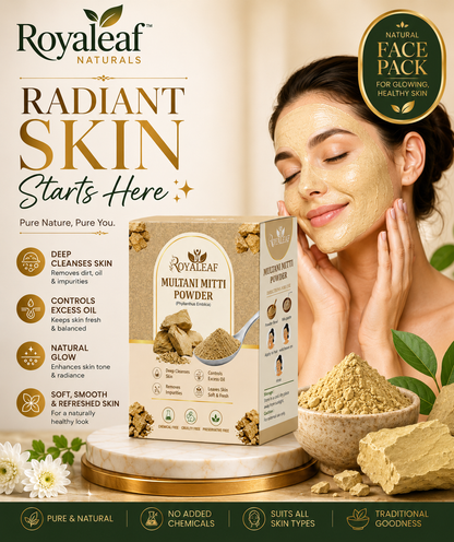 Royaleaf Multani Mitti Powder Natural Fuller’s Earth for Face & Hair Packs Removes Dead Skin, Cleanses Pores, Reduces Dandruff & Scalp Itchiness Soft & Glowing Skin