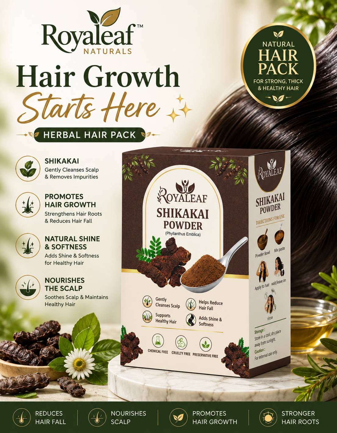 Royaleaf Shikakai Powder for Hair Growth Soft & Shiny Hair Shikakai for Hair Care Strengthening Nourish Conditioner & Healthy Hair (100G)