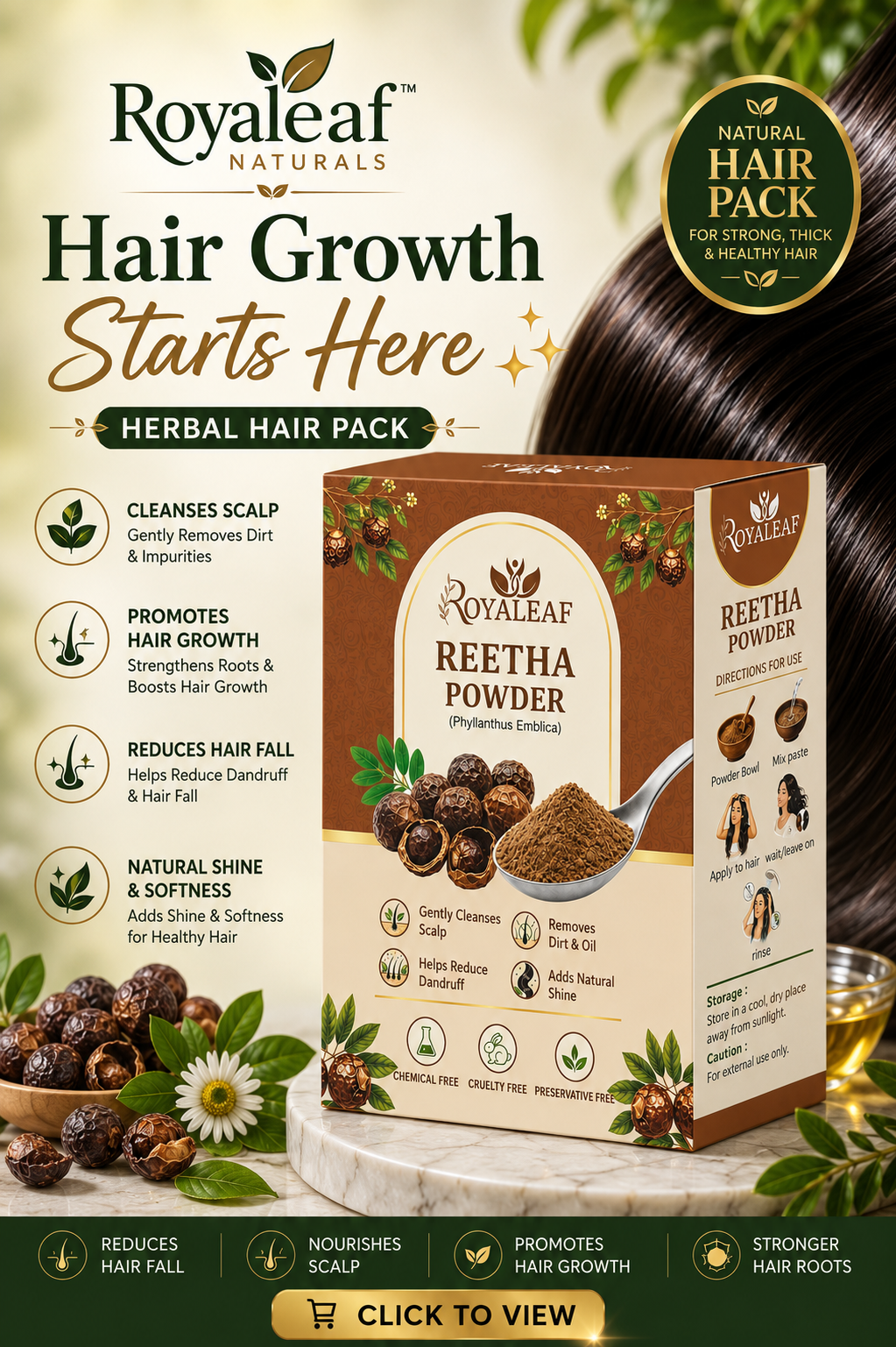 Royaleaf Natural Reetha Powder For Soft & Shiny Hair Ritha Powder for Hair growth & Hair Care Strengthening Natural & Chemical-Free (100G)