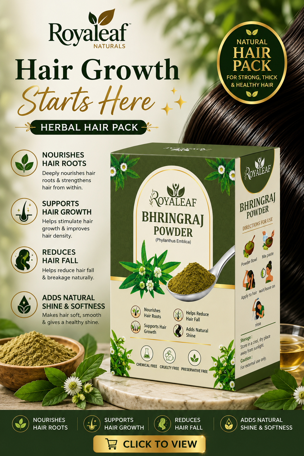 Royaleaf Natural 100% Pure Bhringraj Powder for Hair Growth & DIY Packs for Strong Shiny Hair (100g)