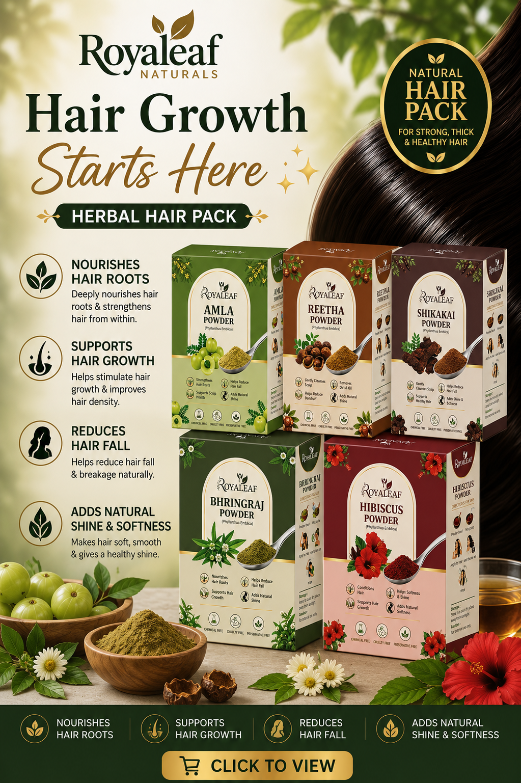 Royaleaf Amla Reetha Shikakai Bhringraj Hibiscus Powder for Hair Growth, Anti Hair Fall, Dandruff Control & Healthy Shiny Hair 500g | 100% Natural Ayurvedic Hair Care Combo Pack 100G Each, 5 Count