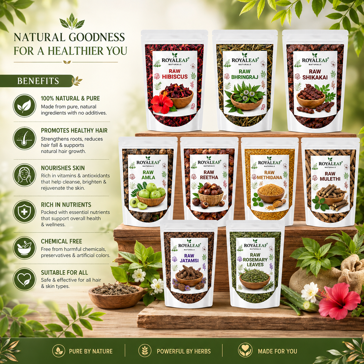 Dried Amla Reetha Shikakai Bhringraj Hibiscus Raw Henna Jatamansi Methi Dana & Rosemary Leaves 50g Each=450g | Natural Herbs for Hair Growth, Scalp Health & Wellness | DIY Hair Care And Shampoo