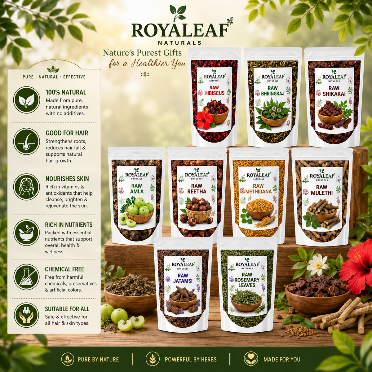 Dried Amla Reetha Shikakai Bhringraj Hibiscus Raw Henna Jatamansi Methi Dana & Rosemary Leaves 50g Each=450g | Natural Herbs for Hair Growth, Scalp Health & Wellness | DIY Hair Care And Shampoo