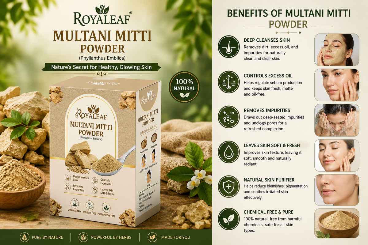 Royaleaf Multani Mitti Powder Natural Fuller’s Earth for Face & Hair Packs Removes Dead Skin, Cleanses Pores, Reduces Dandruff & Scalp Itchiness Soft & Glowing Skin