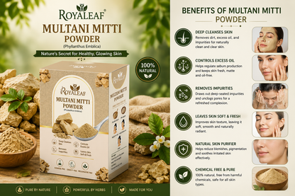 Royaleaf Multani Mitti Powder Natural Fuller’s Earth for Face & Hair Packs Removes Dead Skin, Cleanses Pores, Reduces Dandruff & Scalp Itchiness Soft & Glowing Skin
