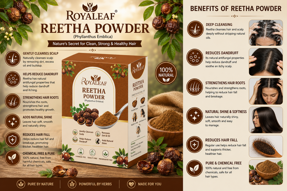 Royaleaf Natural Reetha Powder For Soft & Shiny Hair Ritha Powder for Hair growth & Hair Care Strengthening Natural & Chemical-Free (100G)