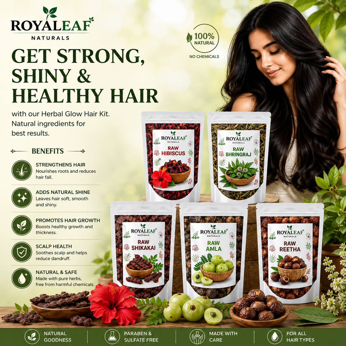Royaleaf Dry Amla Reetha Shikakai Bhringraj Hibiscus Raw For Hair Growth And Hair Mask Combo Pack 100g each = 500