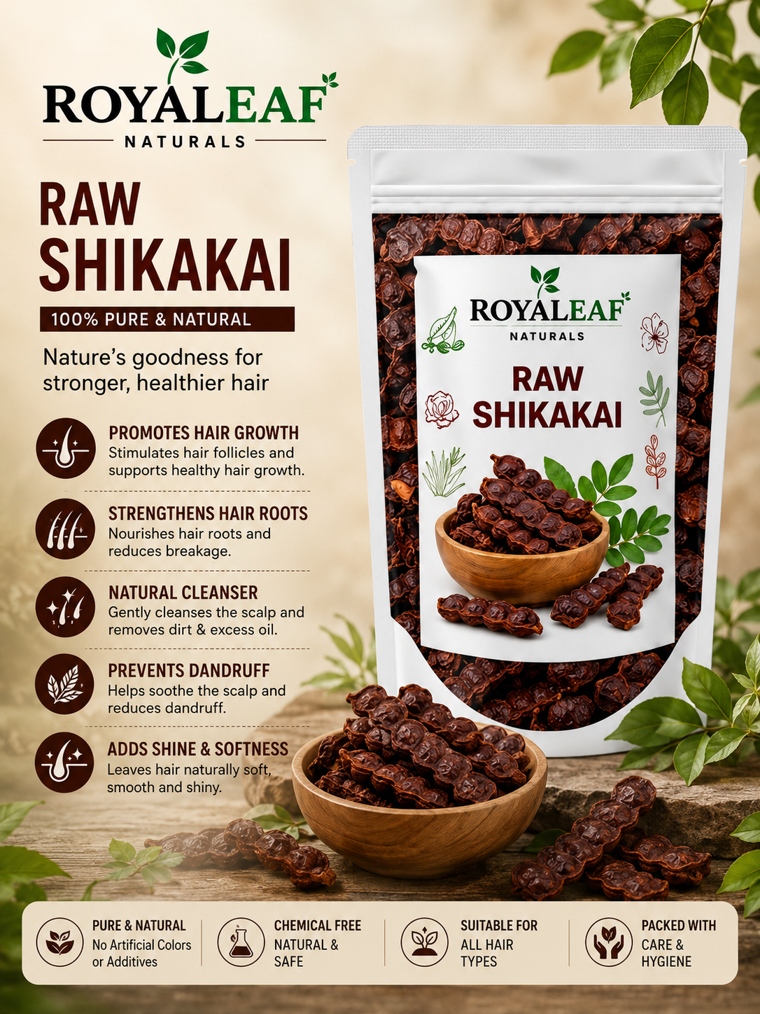 Royaleaf Dried Sabut Shikakai Raw Form 200g | Hair Wash, Hair Growth, Hair Fall Control, Dandruff | Natural Herbal Hair Cleanser, Hair Mask Use, Chemical Free