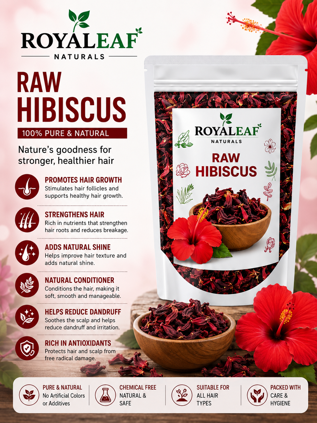 ROYALEAF 100g Dry Hibiscus Flower Rosa-Sinensis for Hair Care & Face Pack Gudhal Ka Phool for Hair Growth, Skin Care Hair Growth