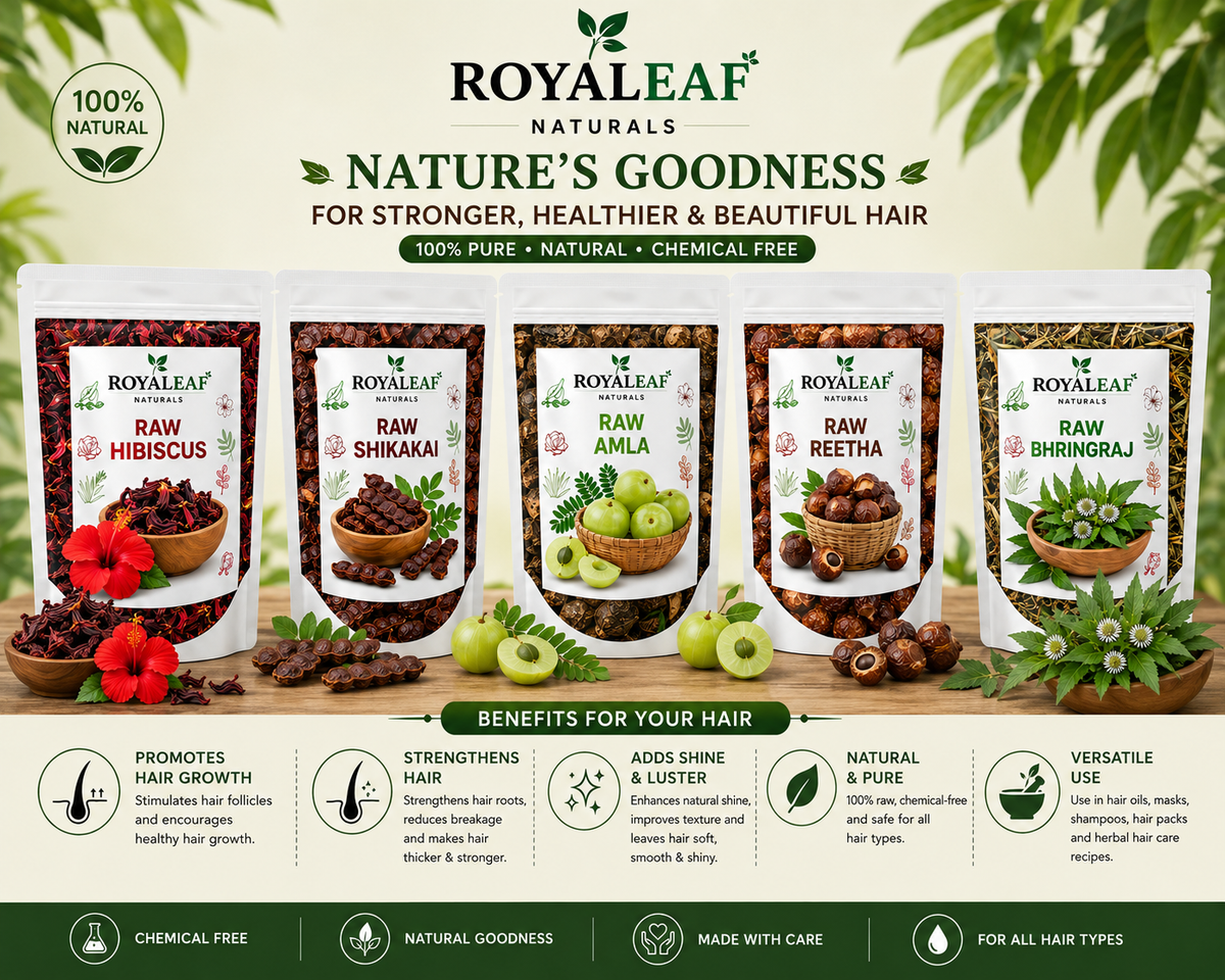 Royaleaf Dry Amla Reetha Shikakai Bhringraj Hibiscus Raw For Hair Growth And Hair Mask Combo Pack 100g each = 500