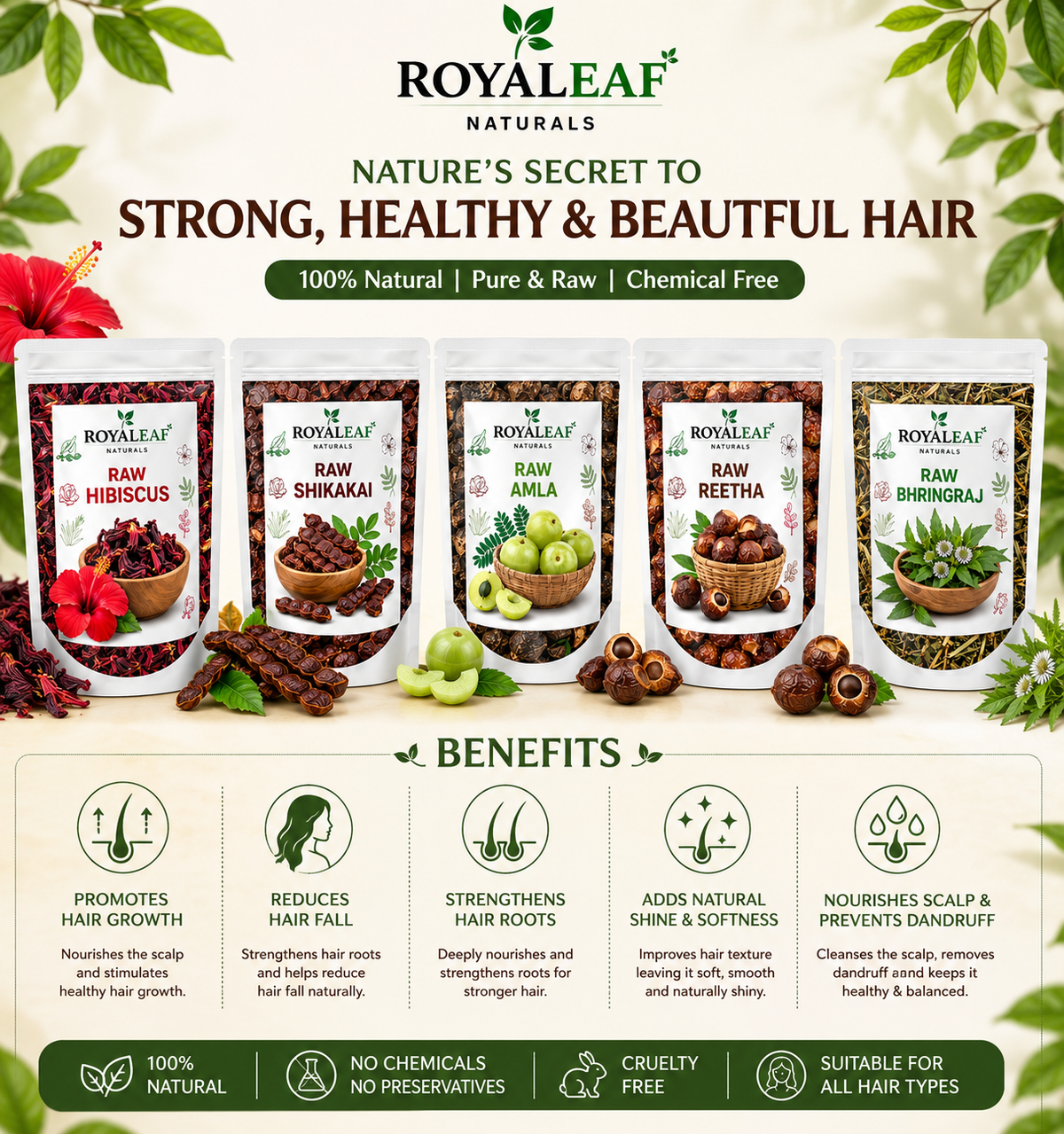 Royaleaf Dry Amla Reetha Shikakai Bhringraj Hibiscus Raw For Hair Growth And Hair Mask Combo Pack 100g each = 500
