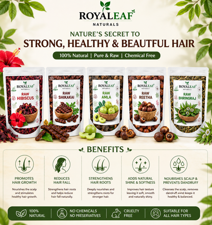 Royaleaf Dry Amla Reetha Shikakai Bhringraj Hibiscus Raw For Hair Growth And Hair Mask Combo Pack 100g each = 500