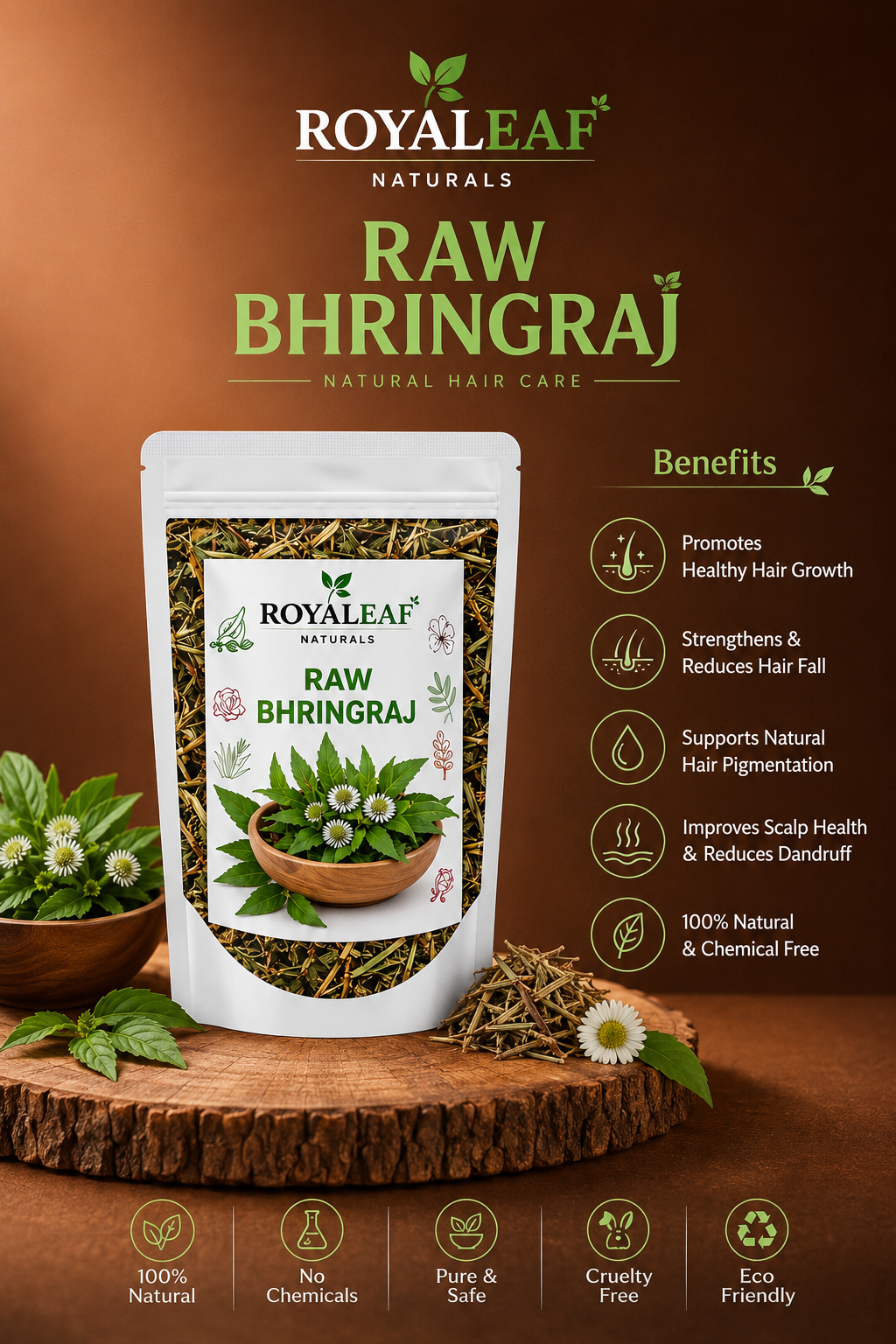 Royaleaf Natural Dry Bhringraj raw 100g Pure & 100% Natural Leaves for Nourishment of Skin and Hair Ayurvedic Dry Leaves Hair Care Conditioner