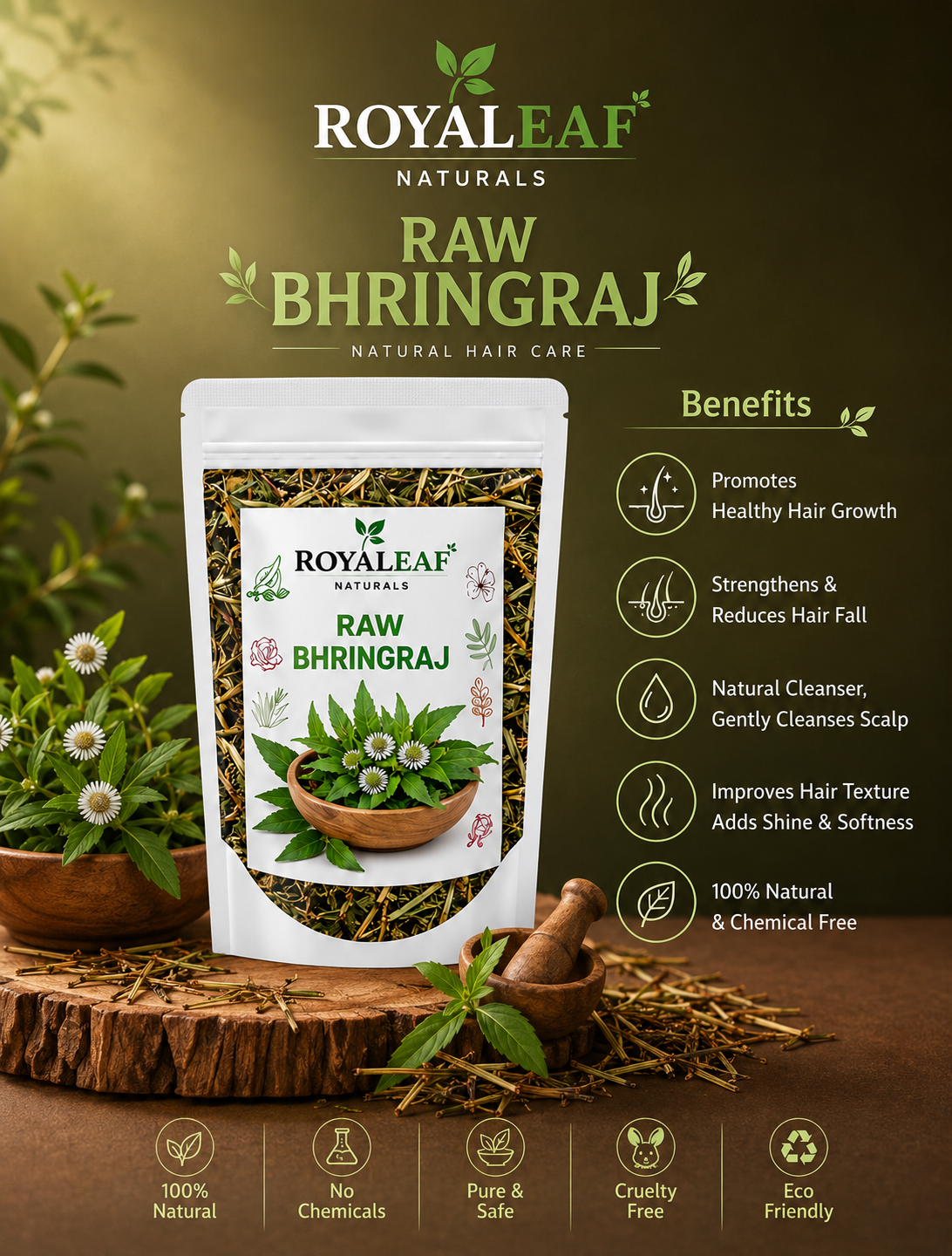 Royaleaf Natural Dry Bhringraj raw 100g Pure & 100% Natural Leaves for Nourishment of Skin and Hair Ayurvedic Dry Leaves Hair Care Conditioner