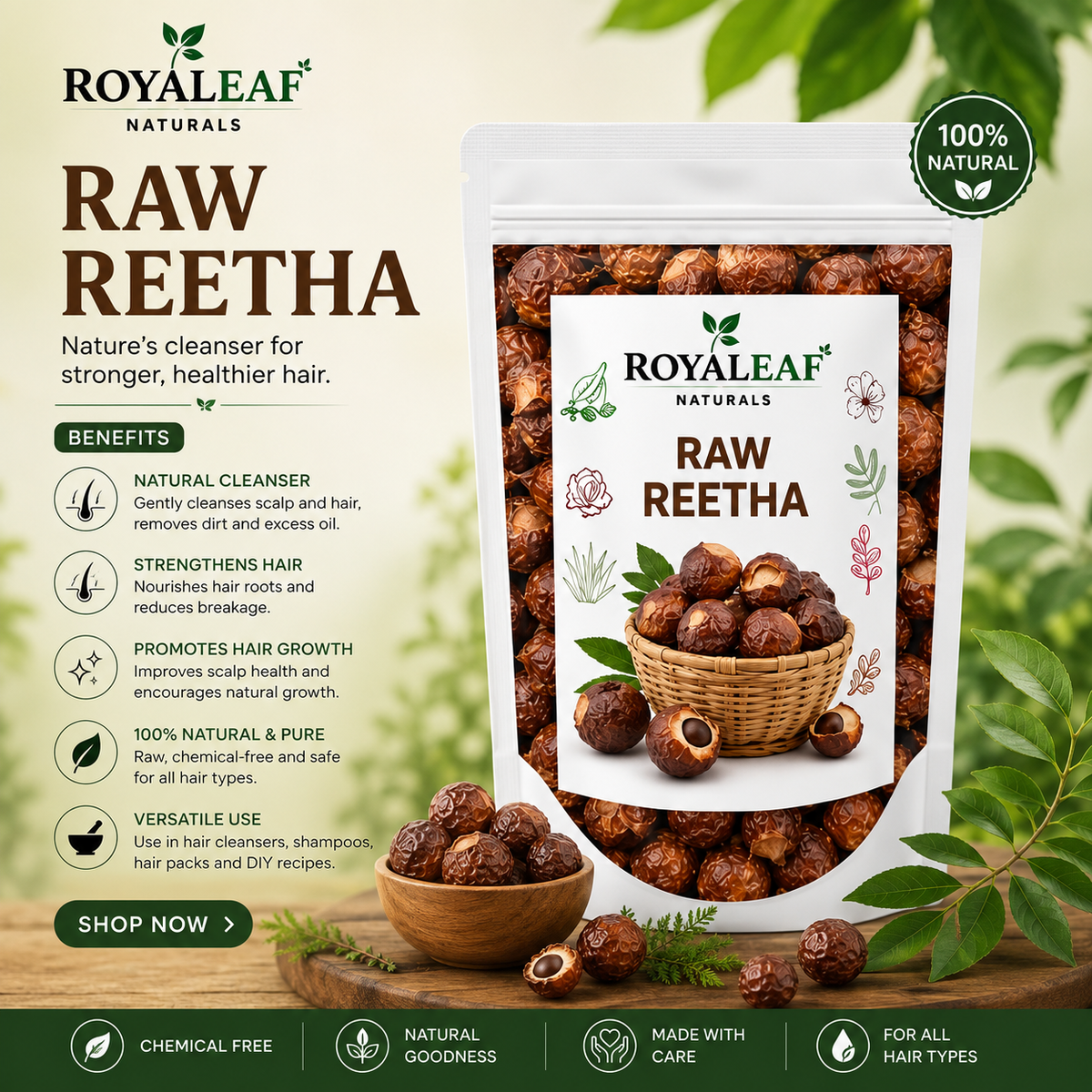 Royaleaf Dried Reetha Raw Soapnuts for Hair Shampoo, 100% Natural Ritha Raw form) (200gm)