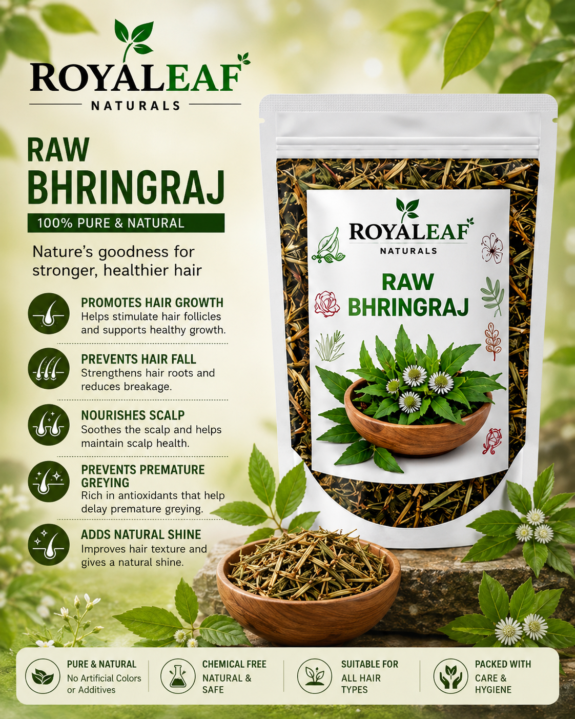 Royaleaf Natural Dry Bhringraj raw 100g Pure & 100% Natural Leaves for Nourishment of Skin and Hair Ayurvedic Dry Leaves Hair Care Conditioner
