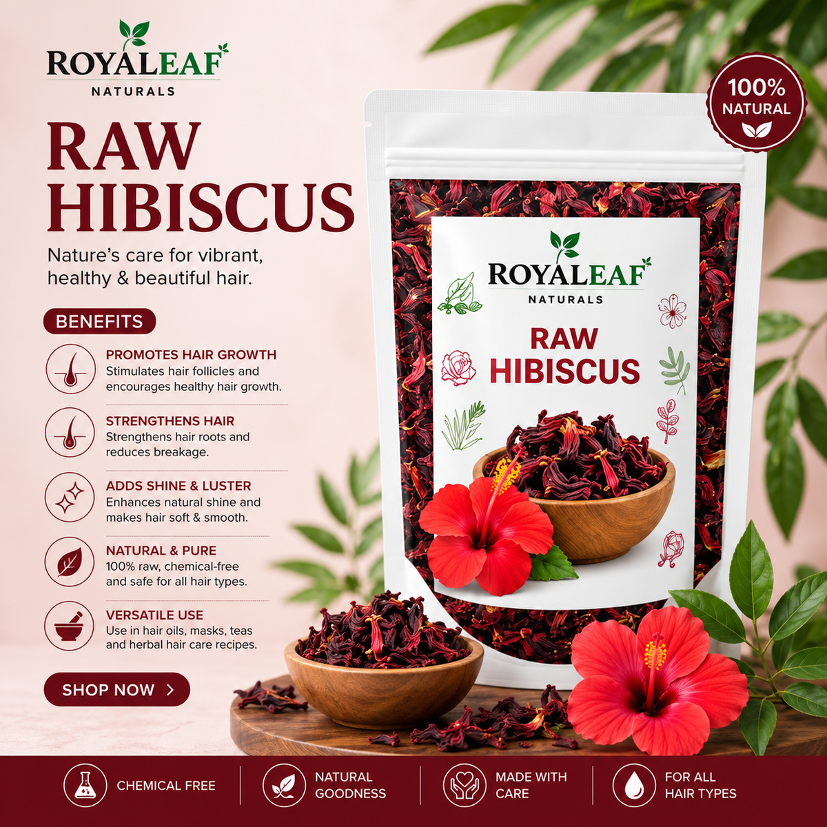 ROYALEAF 100g Dry Hibiscus Flower Rosa-Sinensis for Hair Care & Face Pack Gudhal Ka Phool for Hair Growth, Skin Care Hair Growth