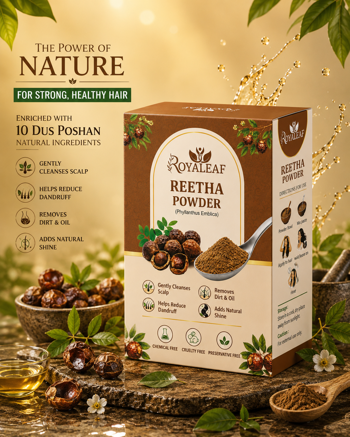 Royaleaf Natural Reetha Powder For Soft & Shiny Hair Ritha Powder for Hair growth & Hair Care Strengthening Natural & Chemical-Free (100G)